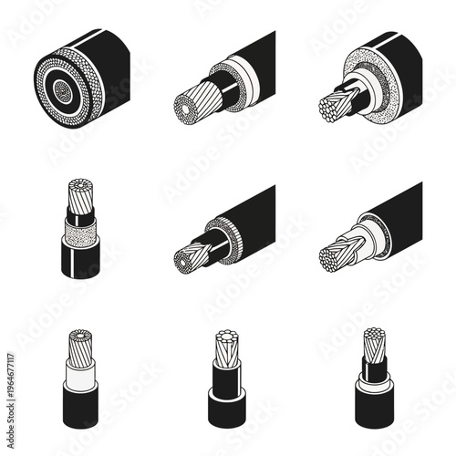 Illustrative set of various electrical cables in cross sectional views