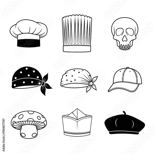 Collection of various headwear and a skull in black and white