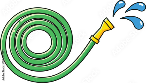 "Green coiled garden hose illustration with yellow nozzle spraying water droplets, outdoor household tool artwork for gardening, cleaning, irrigation, and creative decorative projects"