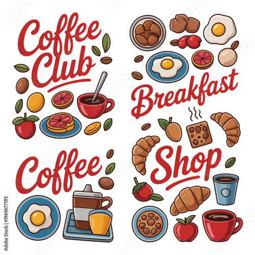 A vibrant illustration of a coffee shop with breakfast foods and drinks