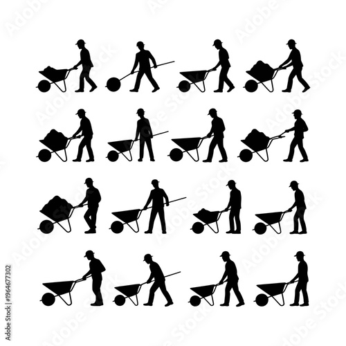 Worker silhouette illustration with various wheelbarrow poses and movements