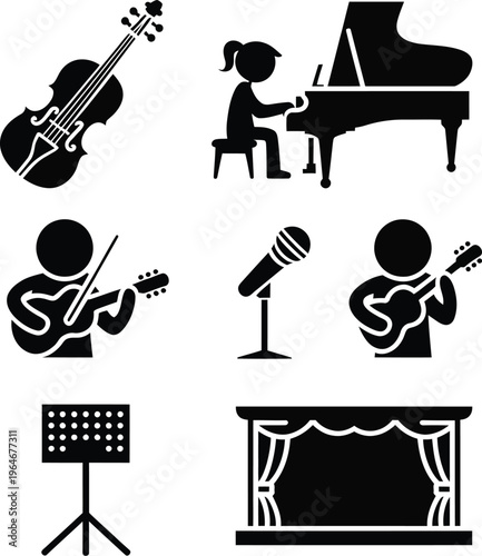 A black silhouette of musical instruments and people playing them on stage