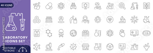 Laboratory icon set. Containing experiment, test tube, microscope, flask, chemical, biology, research, lab Etc . Editable Strock.