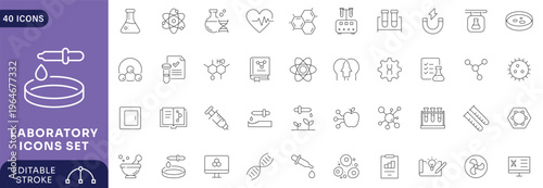 Laboratory icon set. Containing experiment, test tube, microscope, flask, chemical, biology, research, lab Etc . Editable Strock.