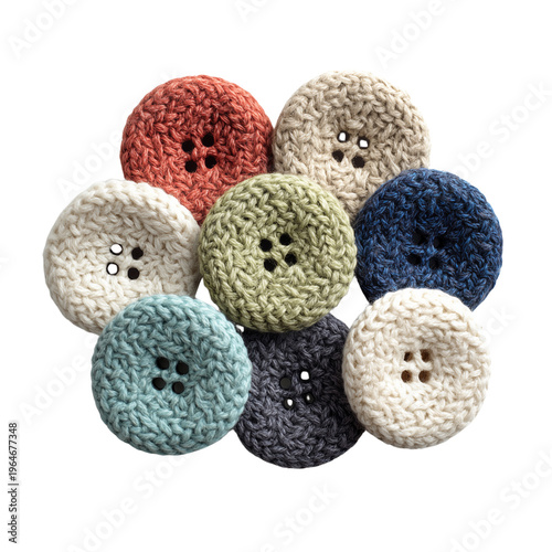 Knit-covered round buttons with soft wool texture colors isolated on transparent background
