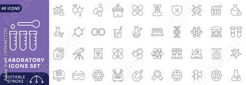 Laboratory icon set. Containing experiment, test tube, microscope, flask, chemical, biology, research, lab Etc . Editable Strock.