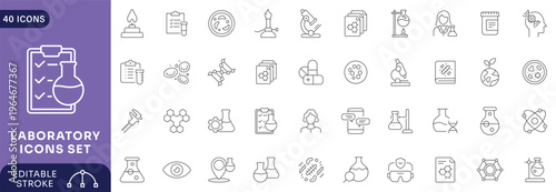 Laboratory icon set. Containing experiment, test tube, microscope, flask, chemical, biology, research, lab Etc . Editable Strock.