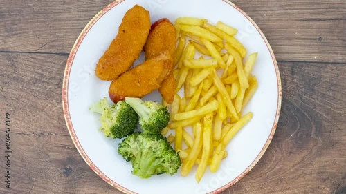 Rotating Plate of Chicken Nuggets, Broccoli and French Fries