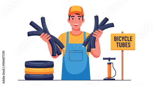 The Bicycle Repairman's Collection: An enthusiastic bicycle repairman proudly displays a collection of new tubes, essential tools and tires. this image highlights a dedicated service.