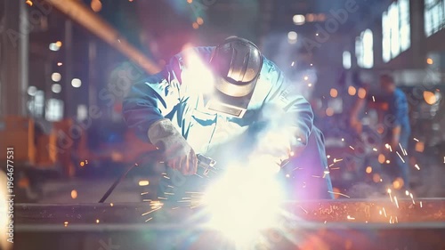 Welding sparks fly as a worker focuses on metal fabrication in a factory during the day