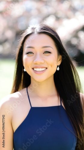 Female asian young adult smiling front portrait in navy halter dress bright daylight pearls earrings closeup headshot outdoors Free Download Female asian young adult smiling front portrait in navy halter dress bright daylight pearls earrings closeup headshot outdoors - GFXLoad