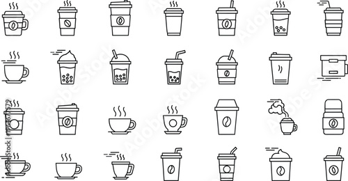 Coffee and Beverage Cup Line Icon Set Featuring Hot Drinks, Coffee Cups, Takeaway, Iced Coffee, and Coffee Containers Collection