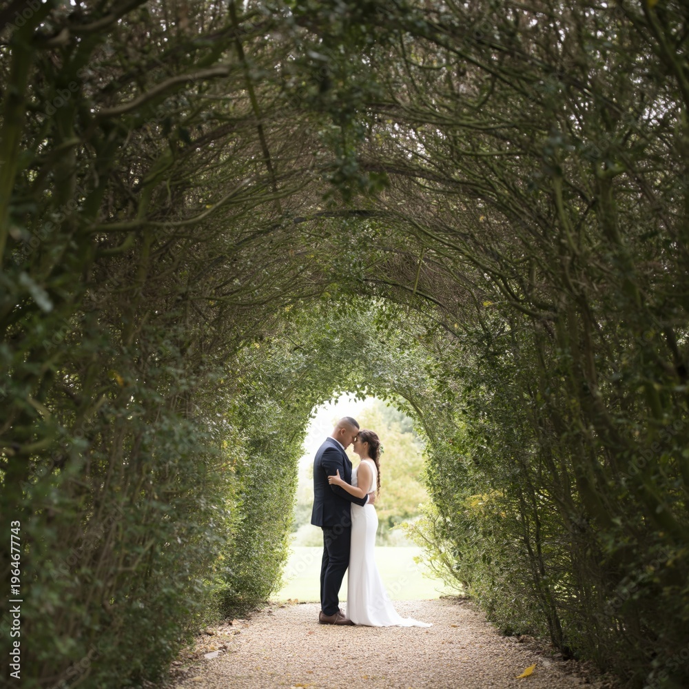 Fototapeta premium Wedding couple caucasian adult bride groom tunnel archway intimate embrace outdoor ceremony lush greenery romantic moment bridal gown suit