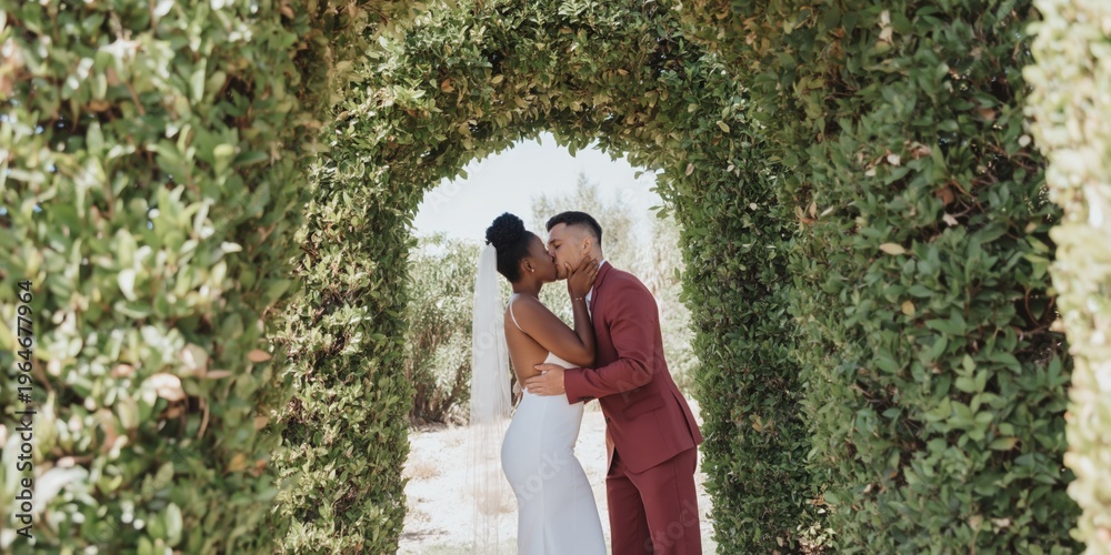 Fototapeta premium Adult male female couple kissing under green arch hedge wedding dress red suit