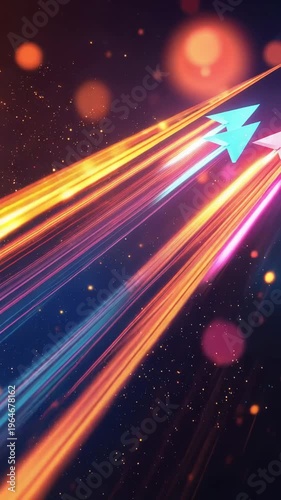 Colorful arrows move through space with light and glow in an artistic display