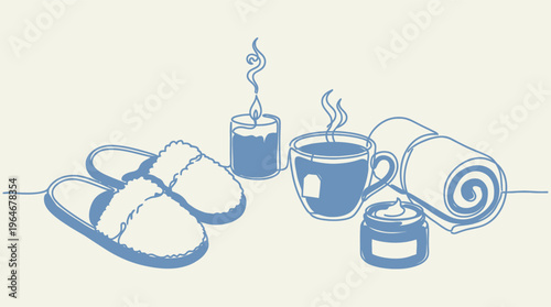A comforting ensemble of self-care essentials featuring plush slippers, a lit candle, steaming tea, and a rolled towel.