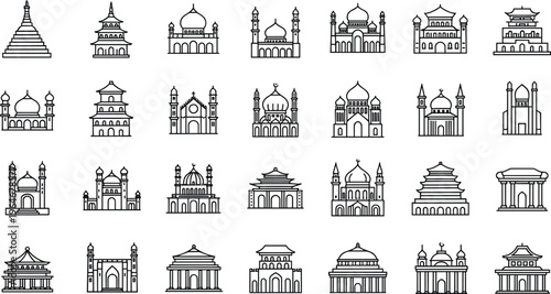 Famous Landmarks and Monuments Line Icon Set Featuring Temples, Mosques, Palaces, and Architectural Wonders Collection