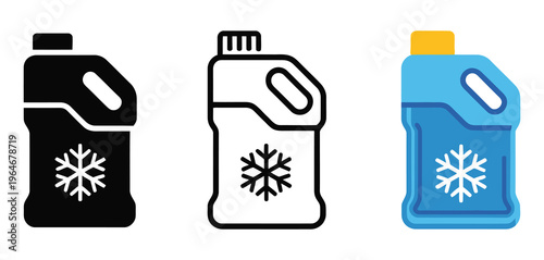 Windshield washer fluid winter same pose same proportions four styles black solid glyph outline minimal flat filled cartoon flat shaded