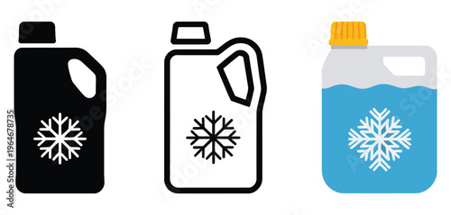 Windshield washer fluid winter same pose same proportions four styles black solid glyph outline minimal flat  filled cartoon flat shaded