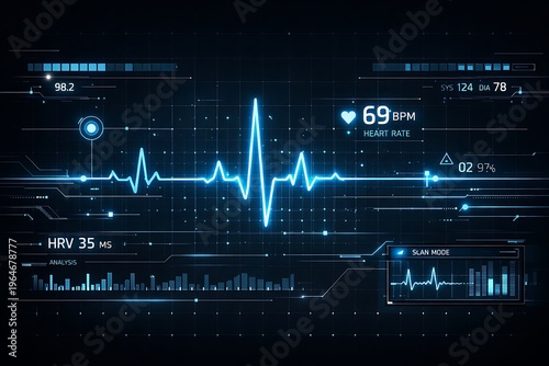 Futuristic Medical HUD Interface with ECG Heartbeat Waveform, Heart Rate, HRV and Vital Signs Monitoring Dashboard