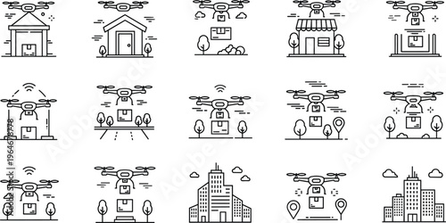 Drone Delivery and Shipping Line Icon Set Featuring Package Delivery, Warehouse, City Locations, and Transport Drones Collection