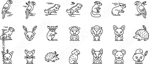 Cute Animal Line Icon Set Featuring Parrot, Lion, Rabbit, Hedgehog, Cat, Koala, Fox, Mouse, and Other Small Mammals Collection