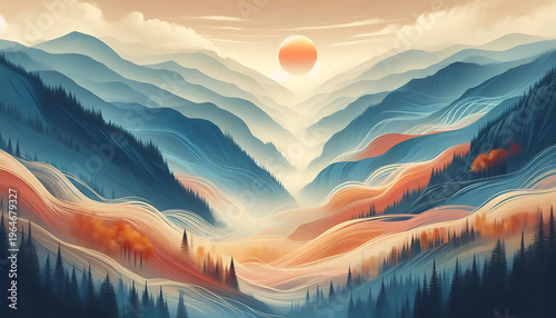 misty mountains in various shades of blue receding into the distance with atmospheric