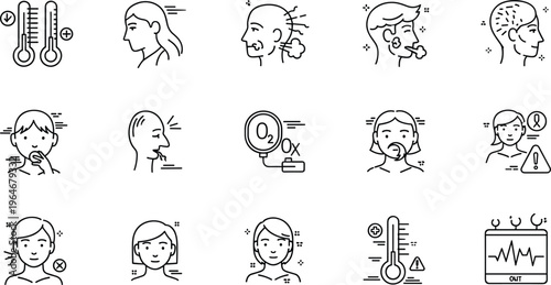 Health and Medical Symptoms Line Icon Set Featuring Temperature, Breathing Issues, Oxygen Levels, Pulse, and Headache Symptoms Collection
