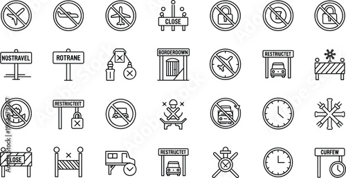 Restriction and Prohibition Signs Line Icon Set Featuring Travel Bans, Construction, Road Closures, Hazardous Areas, Curfew, and Warning Symbols Collection