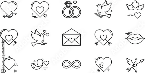 Love and Romance Line Icon Set Featuring Hearts, Doves, Wedding Rings, Infinity Symbol, Arrows, Kisses, and Engagement Letter Collection