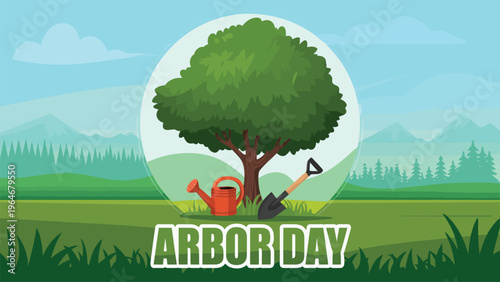 Arbor Day illustration with green tree watering can shovel and landscape background eco friendly nature conservation planting awareness concept design