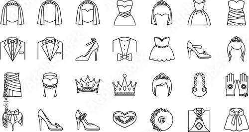 Bridal Fashion and Accessories Line Icon Set Featuring Dresses, Tuxedos, Shoes, Crowns, Veils, Gloves, Bow Ties, and Wedding Accessories Collection
