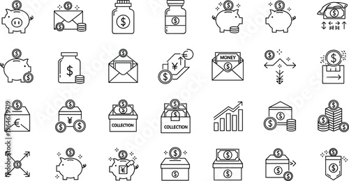 Finance and Money Management Line Icon Set Featuring Savings, Investment, Banking, Growth, Piggy Bank, Wallet, and Financial Planning Symbols Collection