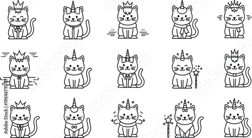Royal Unicorn Cat Character Line Icon Set Featuring Crowns, Magic Wands, and Royal Attire Collection