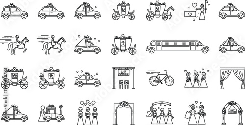 Wedding and Bridal Transportation Line Icon Set Featuring Carriages, Limousine, Horse-drawn Carriages, Wedding Cars, Arch, Bicycle, and Couple Symbols Collection