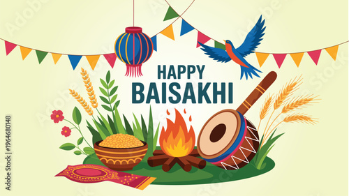 Happy Baisakhi festival illustration with dhol drum bonfire food kite bird bunting and Punjabi cultural elements festive harvest celebration background