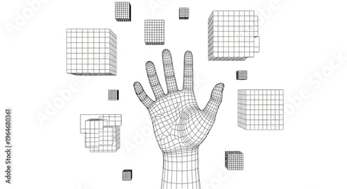 Wireframe Hand with Grid Pattern.