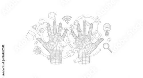 Hands with icons and symbols around.