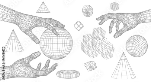 Hands interacting with 3D wireframe objects.