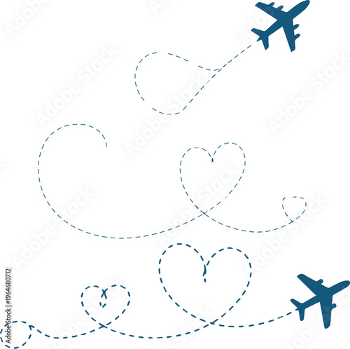 Vector illustration of aircraft silhouettes with dotted paths forming hearts