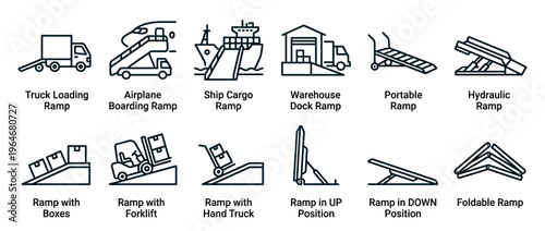 Ramp icons collection illustrating different types and uses for transportation, logistics, and accessibility purposes.