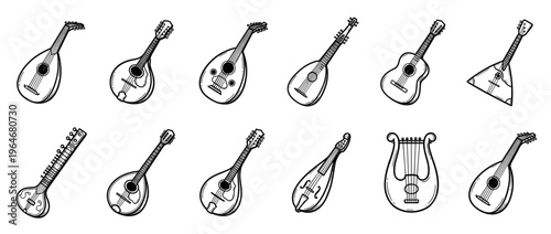 Various string musical instruments hand drawn doodle collection featuring different types of lutes, mandolins, and other traditional stringed instruments.