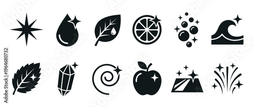 Collection of clean and fresh icons featuring sparkling elements like water drops, leaves, fruits, and bubbles, representing purity and shine.