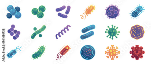 Diverse collection of microorganisms, including various bacteria and viruses, illustrating cellular structures and microscopic life forms.