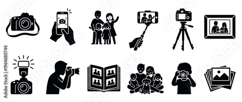 Collection of photography and family memory icons depicting cameras, people taking pictures, family portraits, photo albums, and related equipment.