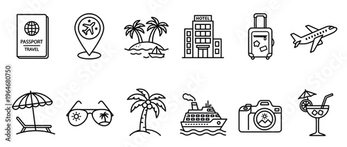 Travel vacation tourism journey holiday summer outline icons set representing various elements of global trips and leisure activities.
