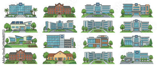 Various hospital buildings and other architectural structures in a colorful cartoon style illustration set for healthcare and education.