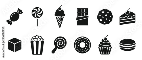 Collection of various sweet treats and desserts, including candy, ice cream, chocolate, cookies, cake, donuts, and macarons, presented as simple black silhouette icons.