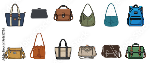 Collection of various bags and purses, including handbags, clutches, satchels, and backpacks, in both cartoon and pixel art styles.