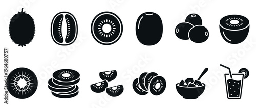 Kiwi fruit icons set showing whole, sliced, and diced fruit with a refreshing juice drink, representing healthy eating.